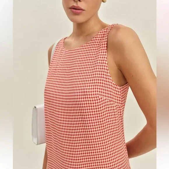 Reformation Rosemond Mini Dress Strawberry Check Cut Out Sz 12 - Picture 4 of 14